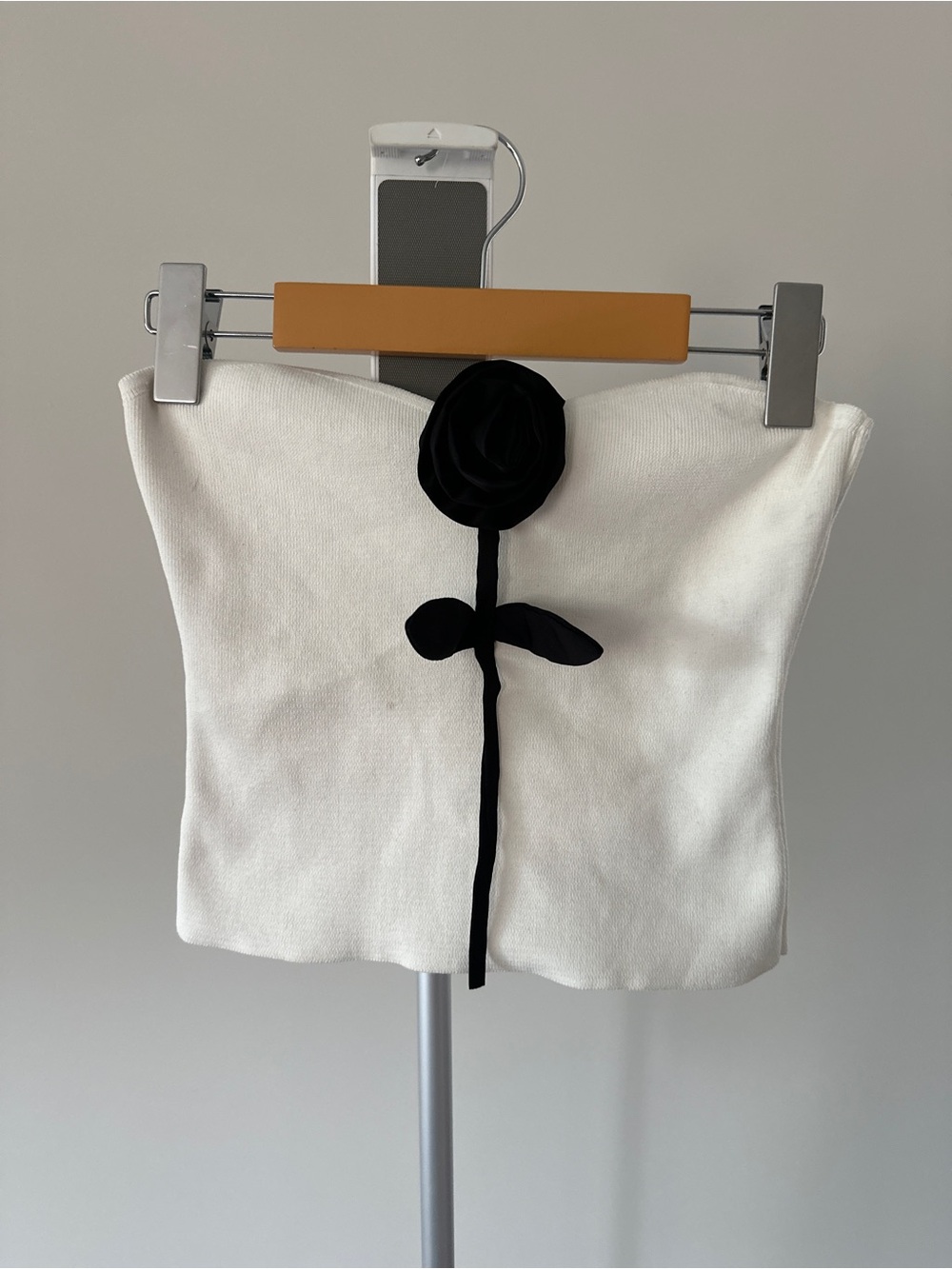 Strapless White Tube Top with Black Rose Detail
